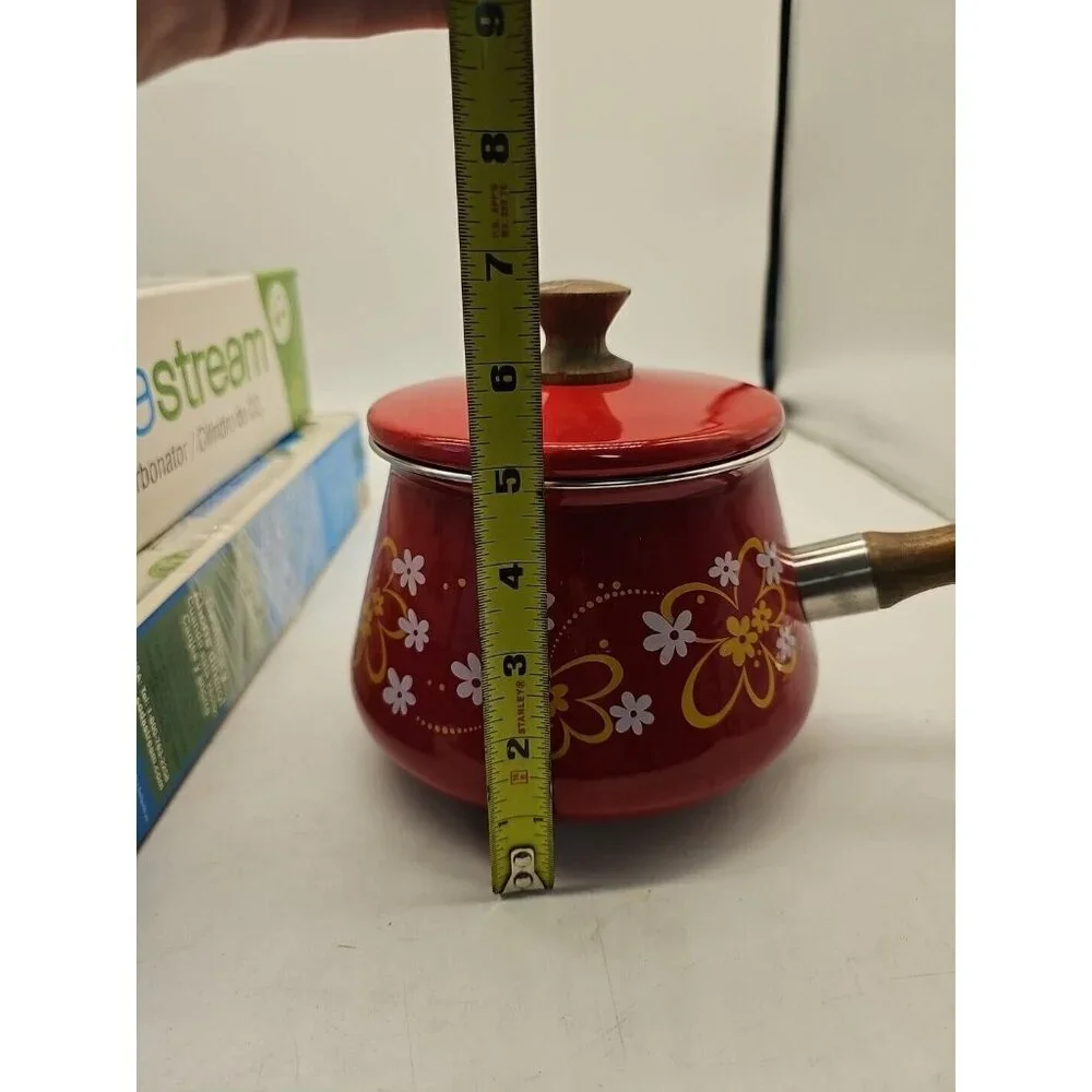 Vintage Epicure Enamel Fondue Pot‎ Retro Red Floral Excellent Condition Pot Only